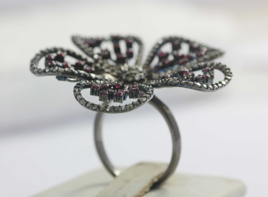 Flower Shape Silver Pave Diamond Ring .925 Oxidized Sterling Silver Diamond Ring, Genuine handmade pave diamond Ring.