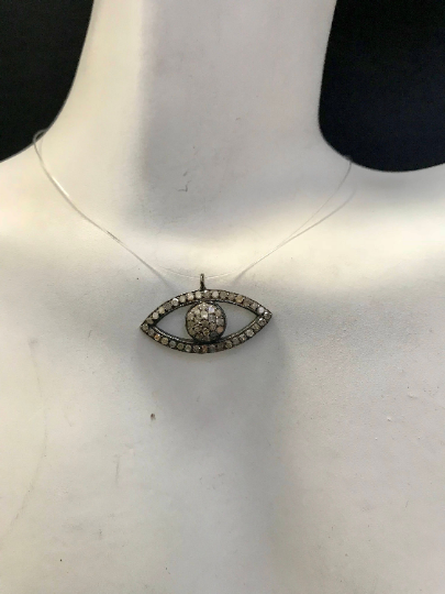 Evil Eye Diamond Charm .925 Oxidized Sterling Silver Diamond Charms, Genuine handmade pave diamond Charm Size 12 x 24 MM