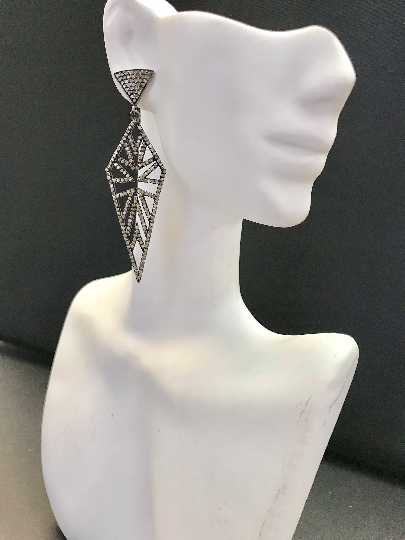 Diamond Art Deco Triangular Diamond Earring, Pave Diamond Earring,Pave Art Deco Earring, Approx 65 x 20mm. Sterling Silver