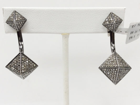 Square Diamond Silver Earring .925 Oxidized Sterling Silver Diamond Earring, Genuine handmade pave diamond Earring Size 1.48"(17 x 37 MM )