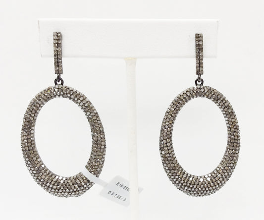 Diamond Silver Earring .925 Oxidized Sterling Silver Diamond Earring, Genuine handmade pave diamond Earring Size 2.40"(32 x 60 MM )