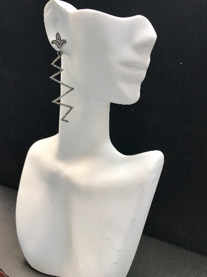 Diamond Silver Earring .925 Oxidized Sterling Silver Diamond Earring, Genuine handmade pave diamond Earring Size 2.52"(19 x 63 MM )