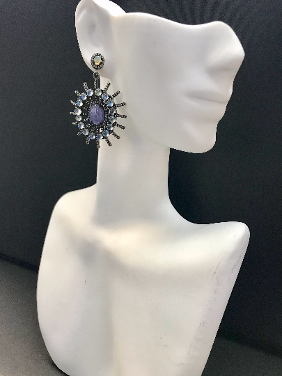 Diamond Silver Earring .925 Oxidized Sterling Silver Diamond Earring, Genuine handmade pave diamond Earring Size 1.76"(44 x 31 MM )