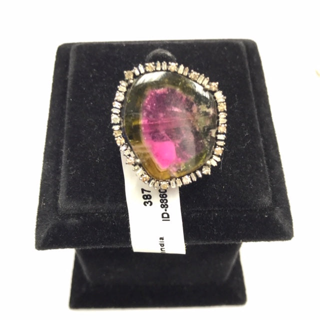 WATER MELON TOURMALINE AND DIAMOND RING