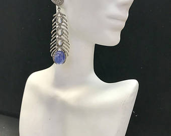 Diamond Art Deco Blue Sapphire & Moonstone Diamond Earring, Pave Diamond Earring,Pave Art Deco Earring, Appx 63 x 16mm