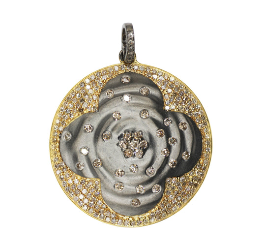 Round Shape 14K Gold & Silver Diamond Pendant .925 Oxidized Sterling Silver Diamond Pendant, Genuine handmade pave diamond Pendant.