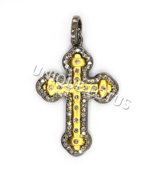 Cross Shape 14K Gold & Silver Diamond Pendant .925 Oxidized Sterling Silver Diamond Pendant, Genuine handmade pave diamond Pendant.