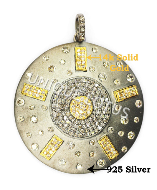 Round Shape 14K Gold & Silver Diamond Pendant .925 Oxidized Sterling Silver Diamond Pendant, Genuine handmade pave diamond Pendant.