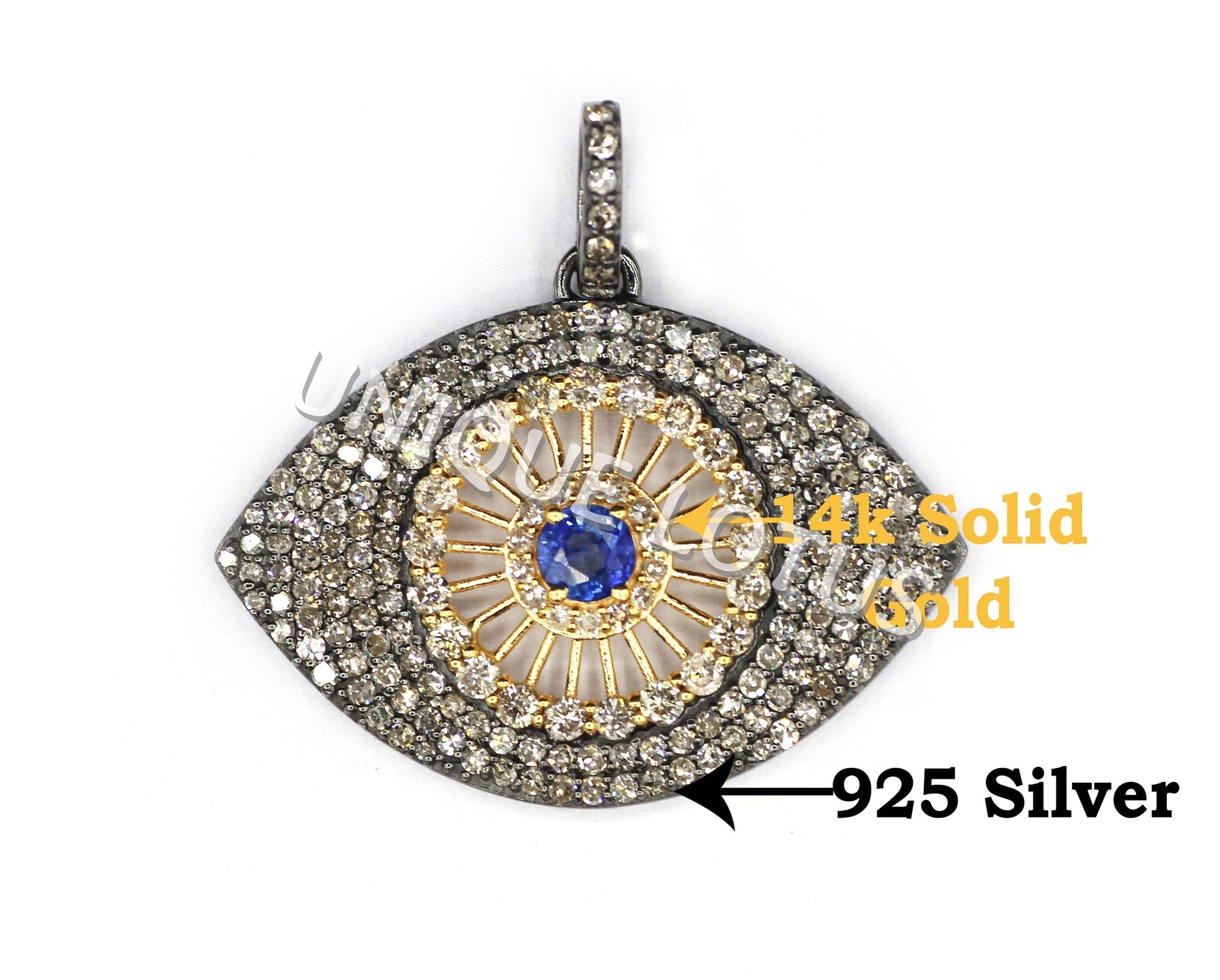 Evil Eye Shape 14K Gold & Silver Diamond Pendant .925 Oxidized Sterling Silver Diamond Pendant, Genuine handmade pave diamond Pendant.