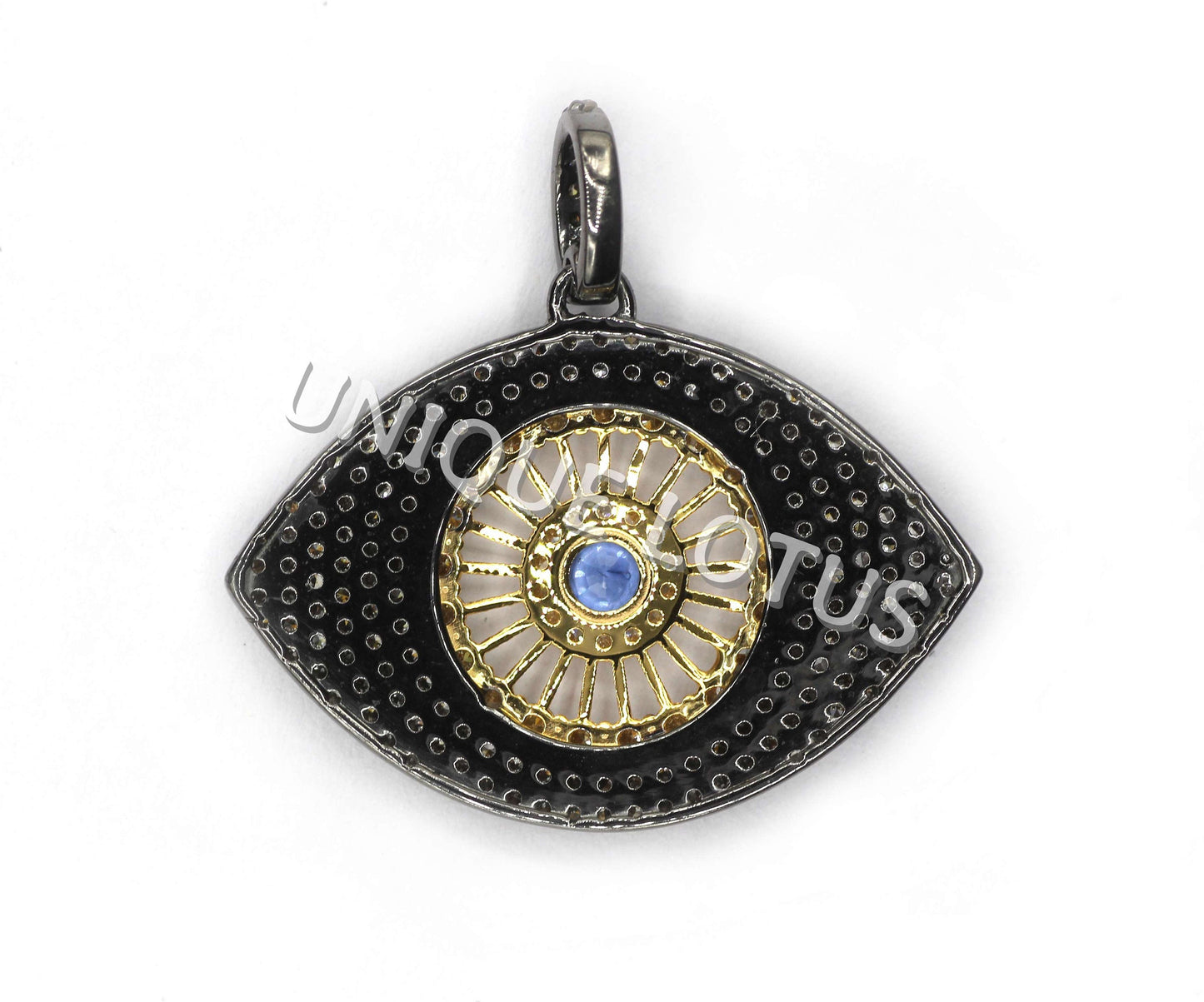 Evil Eye Shape 14K Gold & Silver Diamond Pendant .925 Oxidized Sterling Silver Diamond Pendant, Genuine handmade pave diamond Pendant.