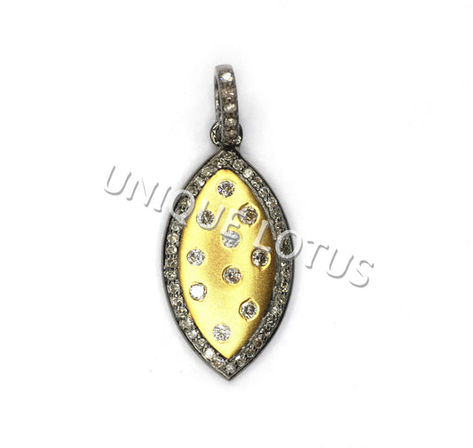 Marquise Shape 14K Gold & Silver Diamond Pendant .925 Oxidized Sterling Silver Diamond Pendant, Genuine handmade pave diamond Pendant.