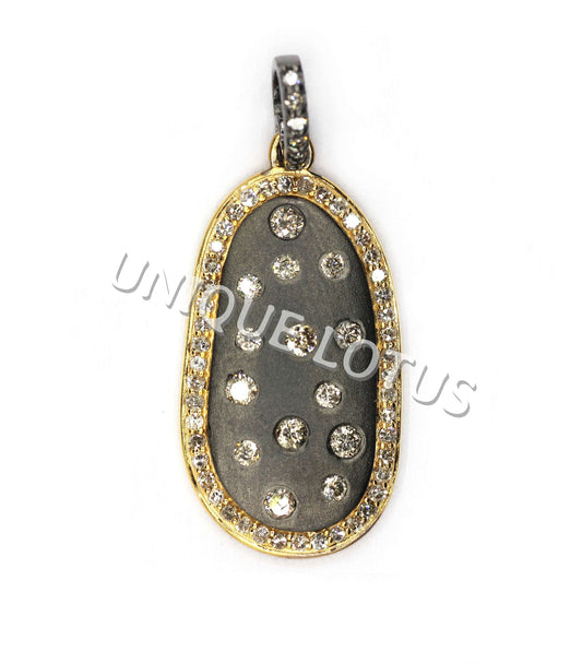 Oval Shape 14K Gold & Silver Diamond Pendant .925 Oxidized Sterling Silver Diamond Pendant, Genuine handmade pave diamond Pendant.