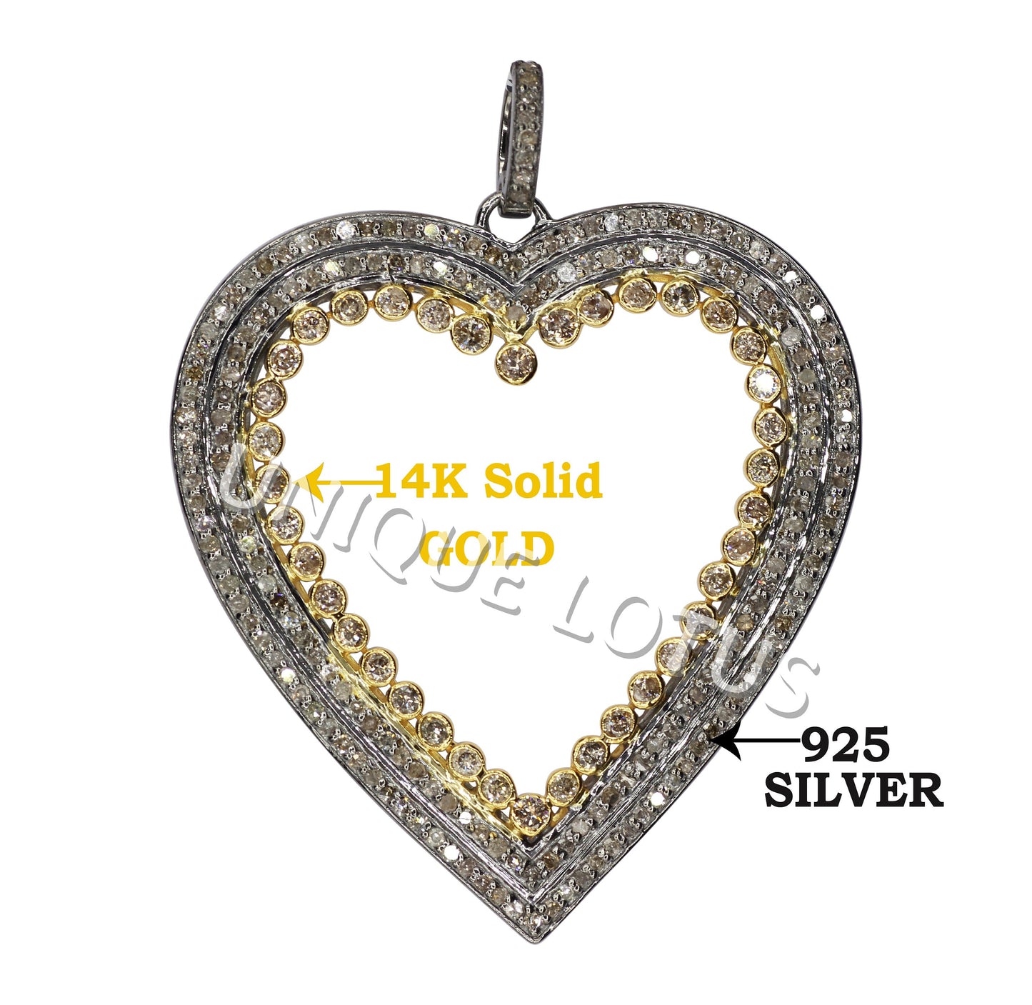 Heart Shape 14K Gold & Silver Diamond Pendant .925 Oxidized Sterling Silver Diamond Pendant, Genuine handmade pave diamond Pendant.