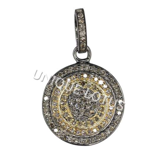 Round Shape 14K Gold & Silver Diamond Pendant .925 Oxidized Sterling Silver Diamond Pendant, Genuine handmade pave diamond Pendant.