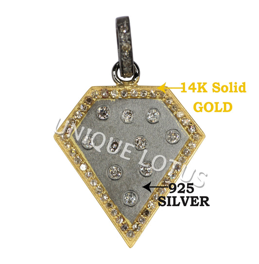 Diamond Shape 14K Gold & Silver Diamond Pendant .925 Oxidized Sterling Silver Diamond Pendant, Genuine handmade pave diamond Pendant.