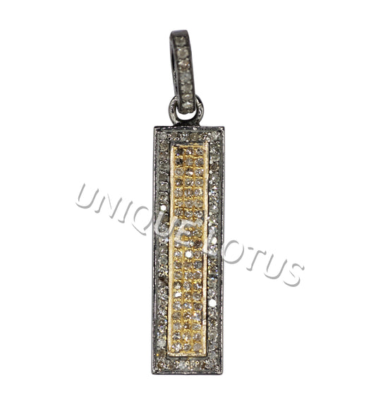 Rectangle Shape 14K Gold & Silver Diamond Pendant .925 Oxidized Sterling Silver Diamond Pendant, Genuine handmade pave diamond Pendant.