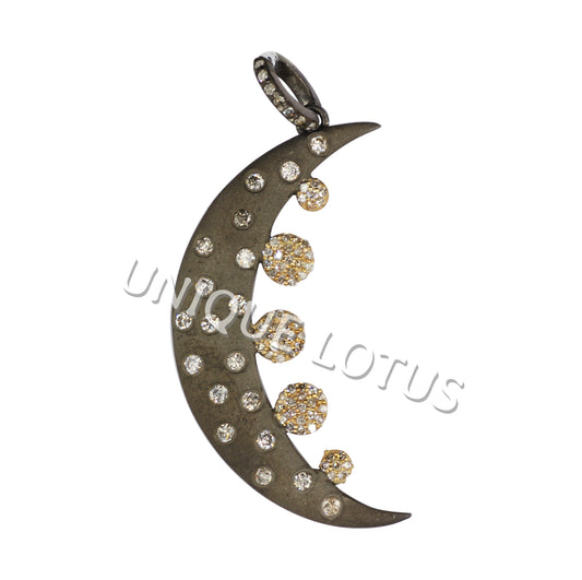 Moon Shape 14K Gold & Silver Diamond Pendant .925 Oxidized Sterling Silver Diamond Pendant, Genuine handmade pave diamond Pendant.