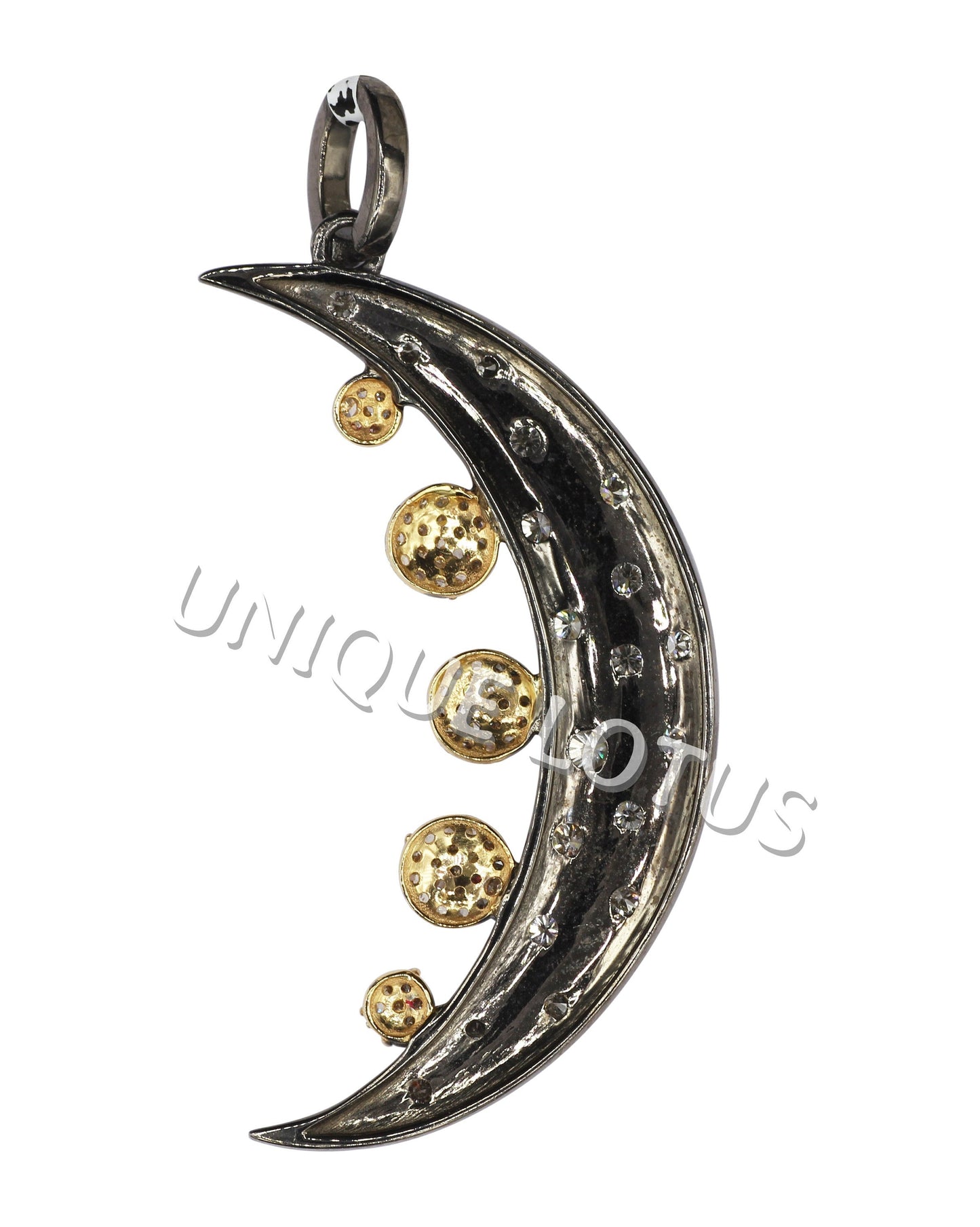 Moon Shape 14K Gold & Silver Diamond Pendant .925 Oxidized Sterling Silver Diamond Pendant, Genuine handmade pave diamond Pendant.