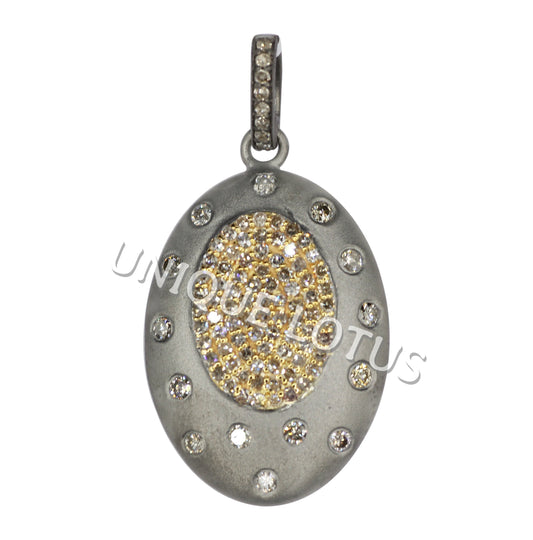 Oval Shape 14K Gold & Silver Diamond Pendant .925 Oxidized Sterling Silver Diamond Pendant, Genuine handmade pave diamond Pendant.
