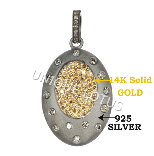Oval Shape 14K Gold & Silver Diamond Pendant .925 Oxidized Sterling Silver Diamond Pendant, Genuine handmade pave diamond Pendant.