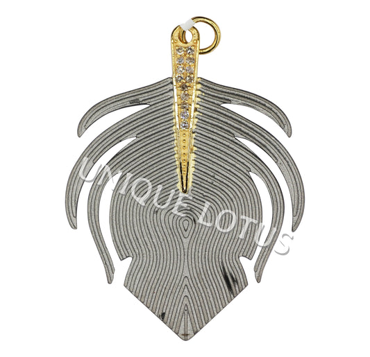 Art Deco Shape 14K Gold & Silver Diamond Pendant .925 Oxidized Sterling Silver Diamond Pendant, Genuine handmade pave diamond Pendant.