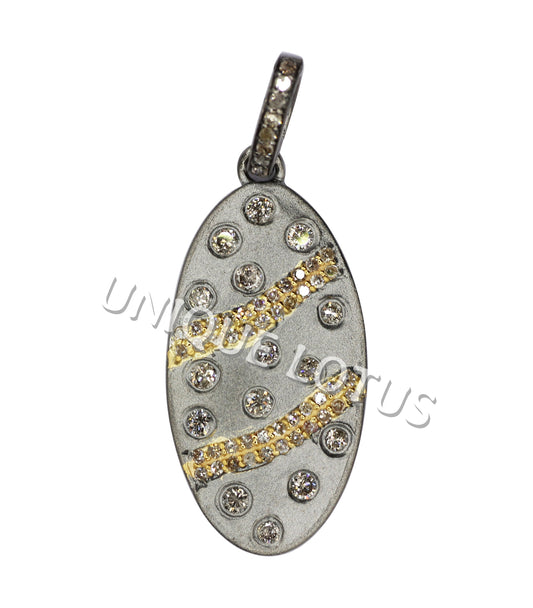 Oval Shape 14K Gold & Silver Diamond Pendant .925 Oxidized Sterling Silver Diamond Pendant, Genuine handmade pave diamond Pendant.