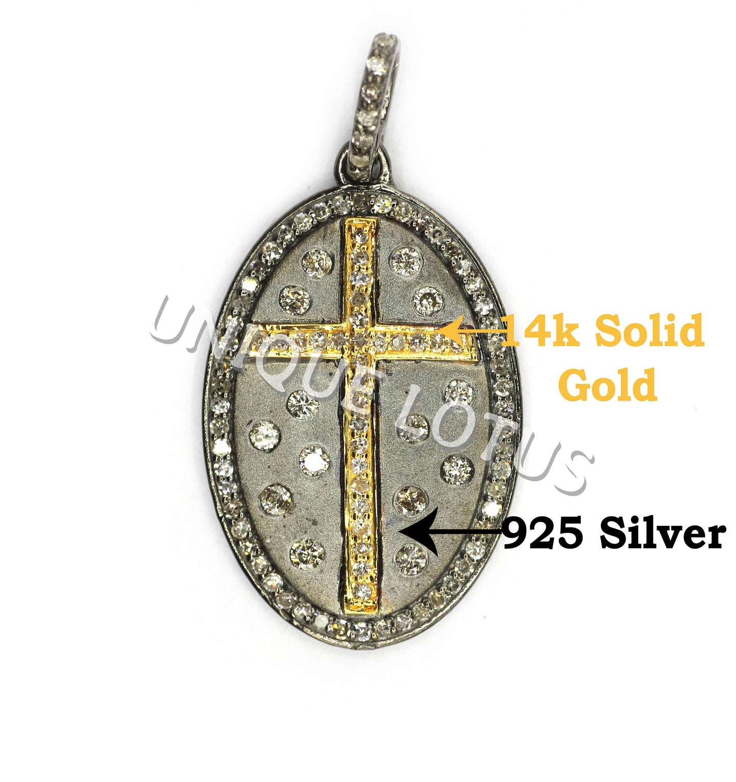 Oval Shape 14K Gold & Silver Diamond Pendant .925 Oxidized Sterling Silver Diamond Pendant, Genuine handmade pave diamond Pendant.