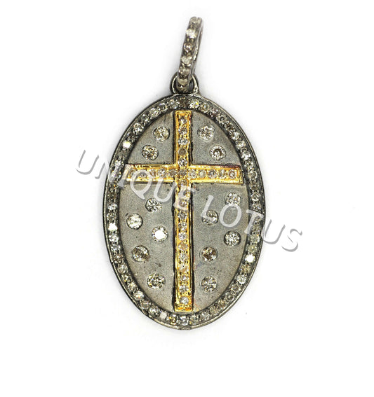 Oval Shape 14K Gold & Silver Diamond Pendant .925 Oxidized Sterling Silver Diamond Pendant, Genuine handmade pave diamond Pendant.