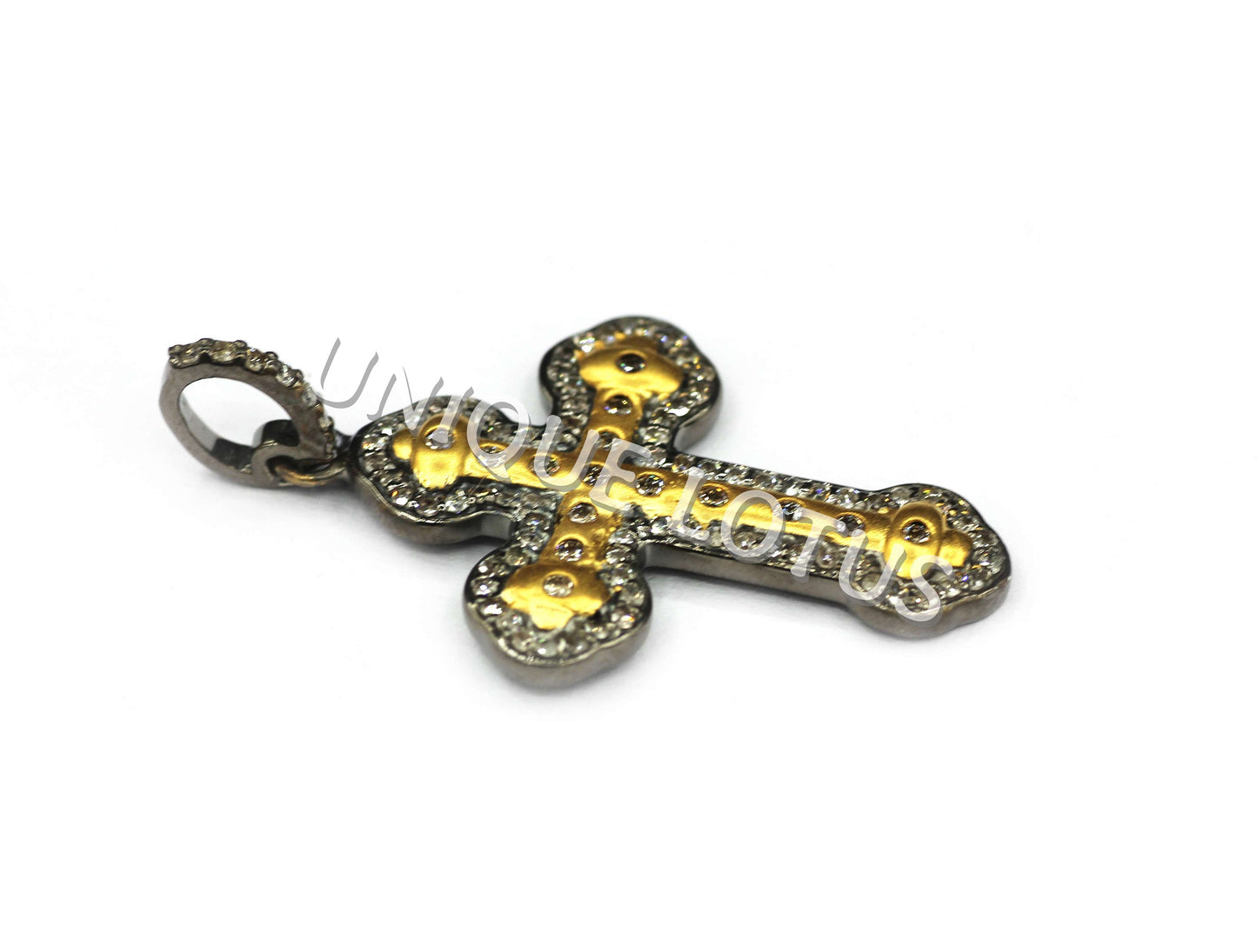 Cross Shape 14K Gold & Silver Diamond Pendant .925 Oxidized Sterling Silver Diamond Pendant, Genuine handmade pave diamond Pendant.