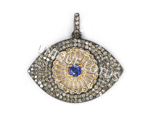 Evil Eye Shape 14K Gold & Silver Diamond Pendant .925 Oxidized Sterling Silver Diamond Pendant, Genuine handmade pave diamond Pendant.