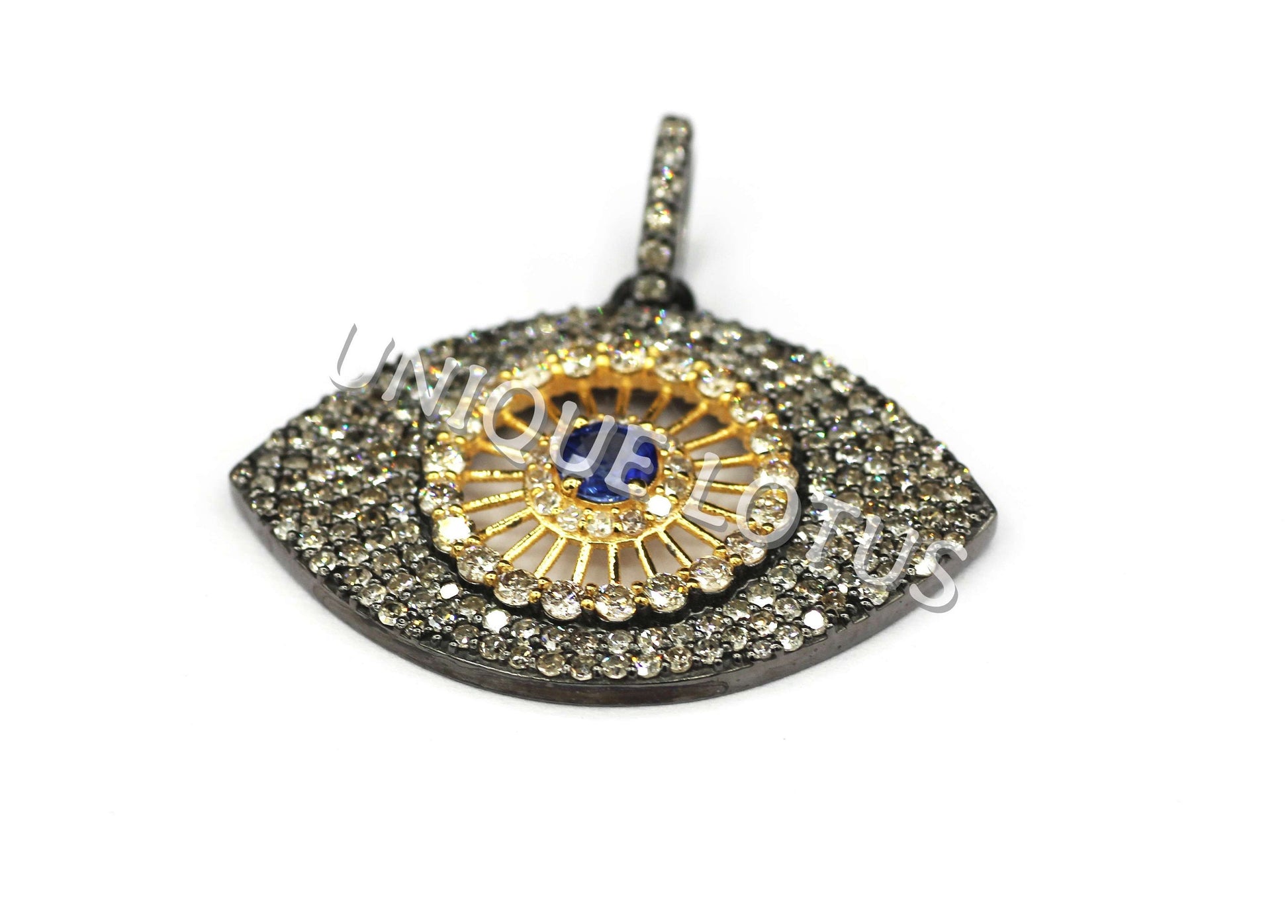 Evil Eye Shape 14K Gold & Silver Diamond Pendant .925 Oxidized Sterling Silver Diamond Pendant, Genuine handmade pave diamond Pendant.
