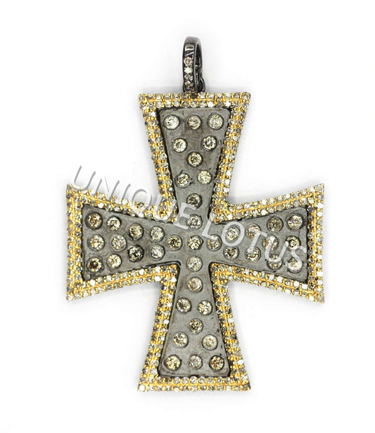 Cross Shape 14K Gold & Silver Diamond Pendant .925 Oxidized Sterling Silver Diamond Pendant, Genuine handmade pave diamond Pendant.
