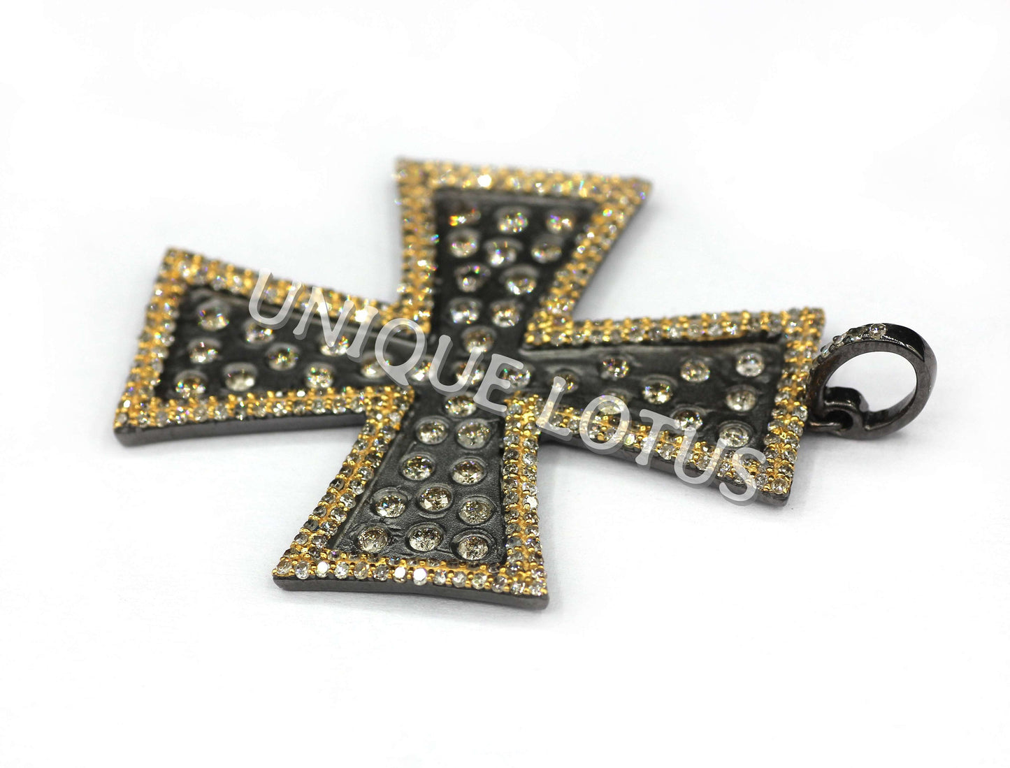 Cross Shape 14K Gold & Silver Diamond Pendant .925 Oxidized Sterling Silver Diamond Pendant, Genuine handmade pave diamond Pendant.