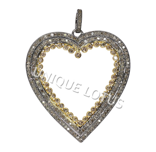 Heart Shape 14K Gold & Silver Diamond Pendant .925 Oxidized Sterling Silver Diamond Pendant, Genuine handmade pave diamond Pendant.