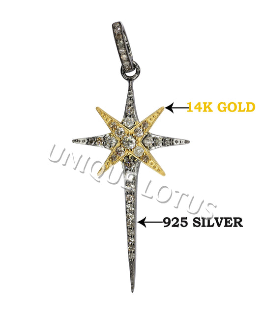 Star Shape 14K Gold & Silver Diamond Pendant .925 Oxidized Sterling Silver Diamond Pendant, Genuine handmade pave diamond Pendant.