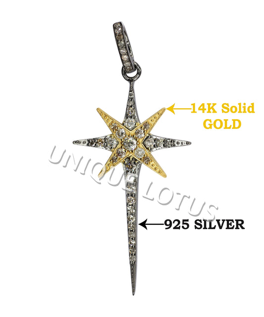 Star Shape 14K Gold & Silver Diamond Pendant .925 Oxidized Sterling Silver Diamond Pendant, Genuine handmade pave diamond Pendant.