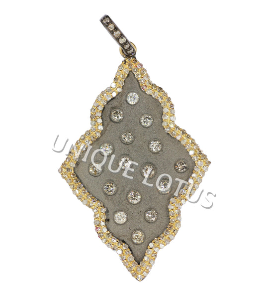 Art Deco Shape 14K Gold & Silver Diamond Pendant .925 Oxidized Sterling Silver Diamond Pendant, Genuine handmade pave diamond Pendant.