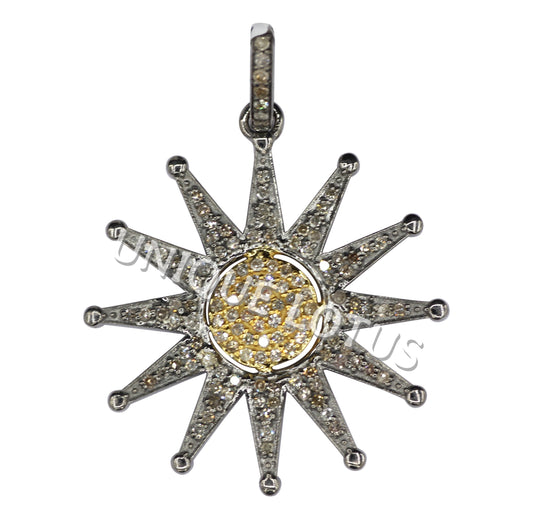 Sun Shape 14K Gold & Silver Diamond Pendant .925 Oxidized Sterling Silver Diamond Pendant, Genuine handmade pave diamond Pendant.