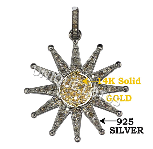 Sun Shape 14K Gold & Silver Diamond Pendant .925 Oxidized Sterling Silver Diamond Pendant, Genuine handmade pave diamond Pendant.