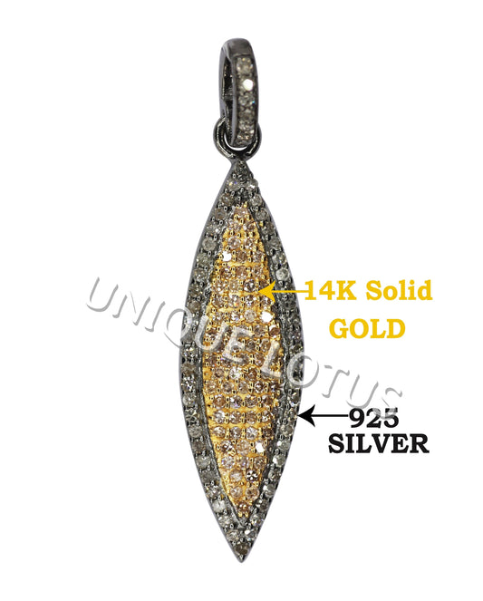 Marquise Shape 14K Gold & Silver Diamond Pendant .925 Oxidized Sterling Silver Diamond Pendant, Genuine handmade pave diamond Pendant.
