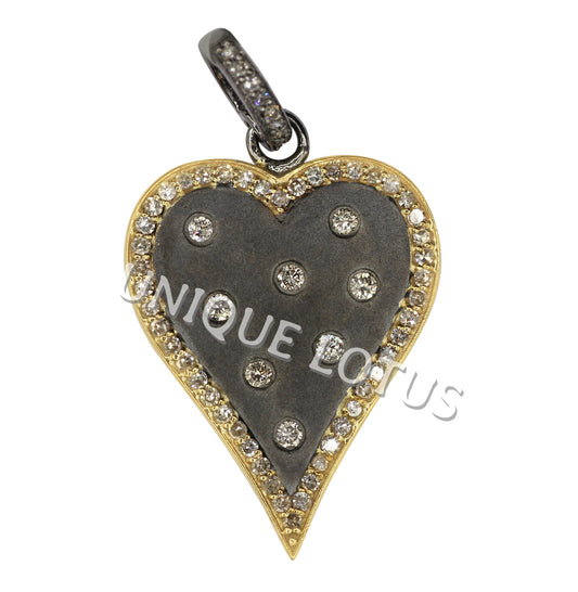 Heart Shape 14K Gold & Silver Diamond Pendant .925 Oxidized Sterling Silver Diamond Pendant, Genuine handmade pave diamond Pendant.