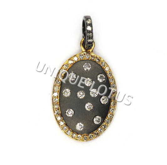 Oval Shape 14K Gold & Silver Diamond Pendant .925 Oxidized Sterling Silver Diamond Pendant, Genuine handmade pave diamond Pendant.