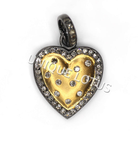 Heart Shape 14K Gold & Silver Diamond Pendant .925 Oxidized Sterling Silver Diamond Pendant, Genuine handmade pave diamond Pendant.