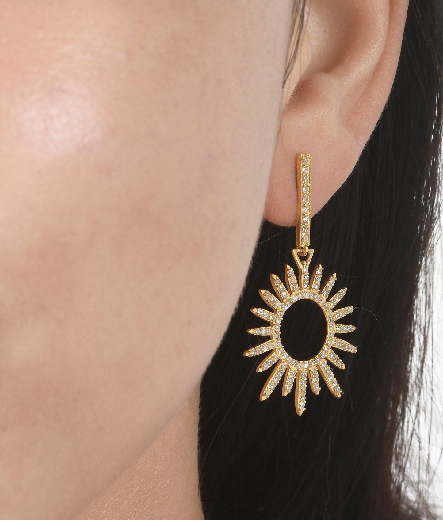 Sunburst 14k Solid Gold Diamond Earring. Genuine handmade pave diamond Earring . 14k Solid Gold Diamond Earring.