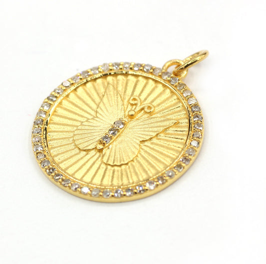 Round Dick On Butterfly Shape 14k Solid Gold Diamond Pendants. Genuine handmade pave diamond Pendant. 14k Solid Gold Diamond Pendants.