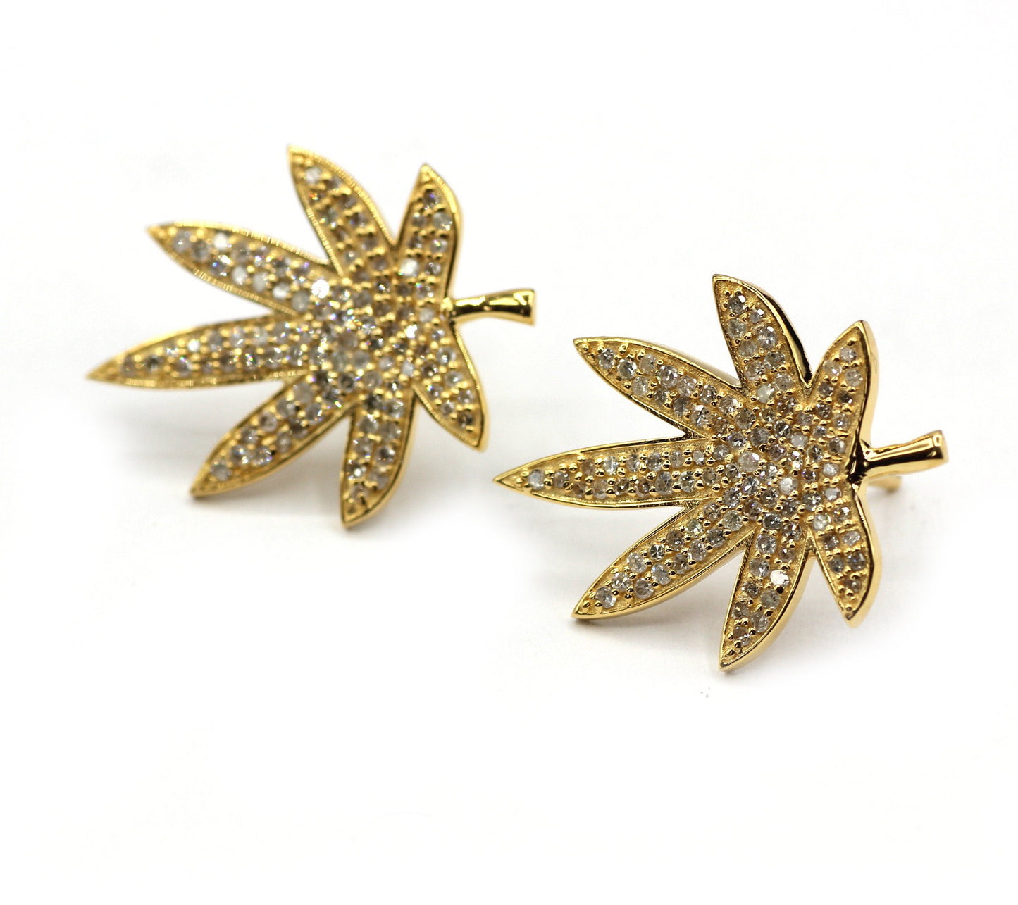 Cannabis Leaf Studs 14k Solid Gold Diamond Studs Earring. Genuine handmade pave diamond Studs Earring . 14k Solid Gold Studs Earring..
