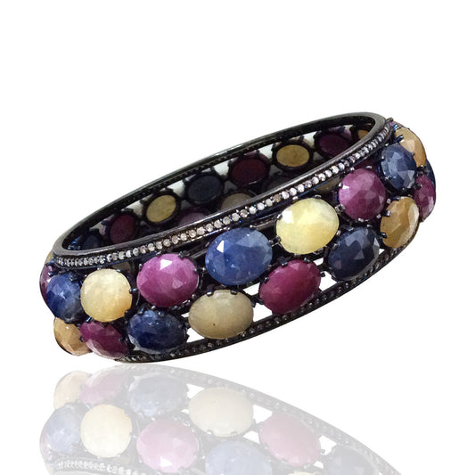 Diamond and Silver Multi-Sapphire Black Rhodium Finish Bracelets