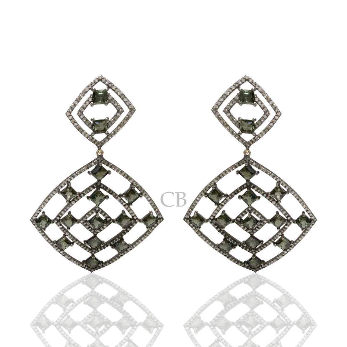 Diamond and Silver Multi Tourmaline Black Rhodium Finish Earrings