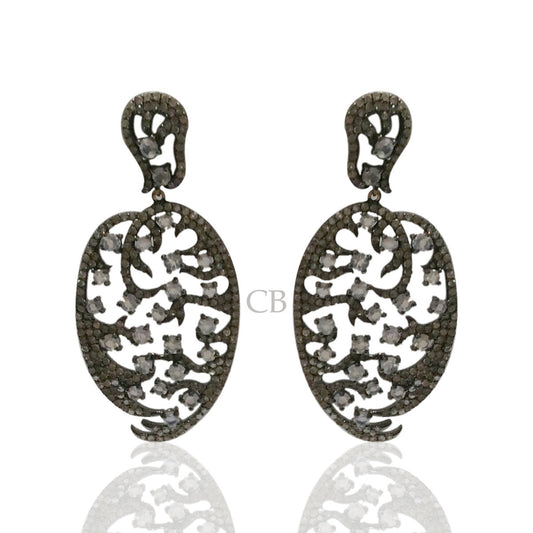 Diamond and Silver White Rainbow Moon Stone Black Rhodium Finish Earring