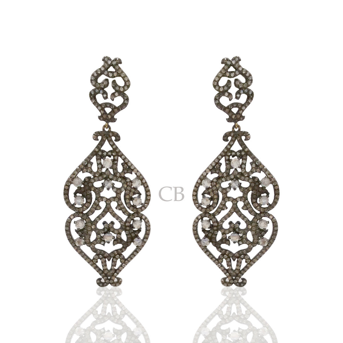 Diamond and White Rainbow Moon Stone Silver Earrings